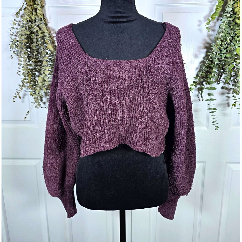 Free People Women's Purple Knit Square Neck Long Sleeve Cropped Pullover Small